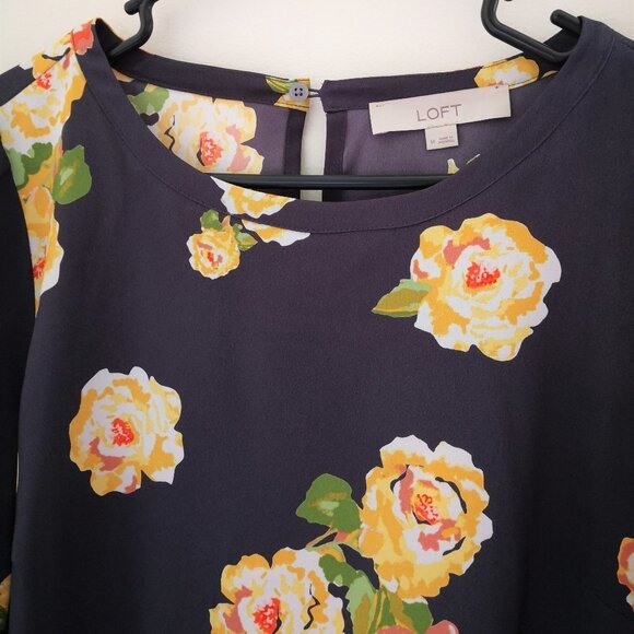 LOFT Shift Dress Long Sleeve Button Cuffs Gray Floral  Size M - Picture 3 of 5